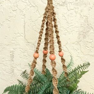 Plant Hanger Hand Crafted Macrame Tan Orange Salmon Peach Beads Boho Jute